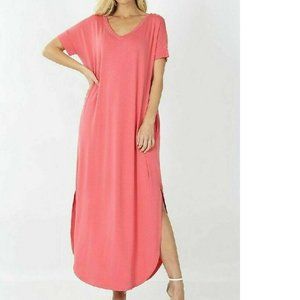 Maxi Dress V Neck Short Sleeve Split Hem Pockets Desert Rose S  L
